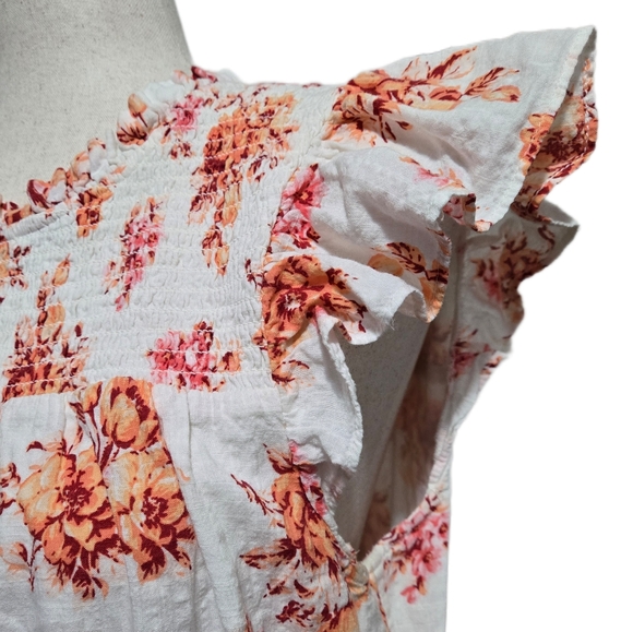 LOFT Floral Smocked Waist Tiered Dress Size Large White Orange Ruffle Cap Sleeve - Picture 5 of 14
